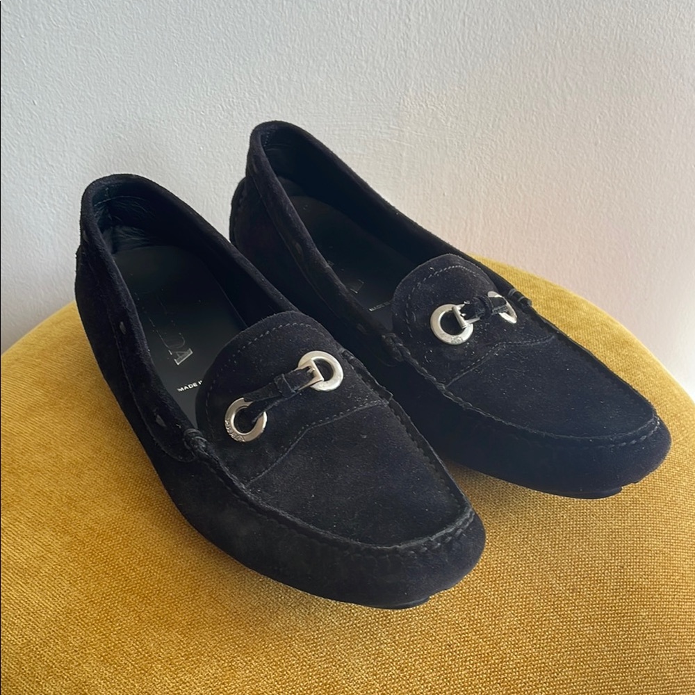 Black Suede Loafers with Silver Accents